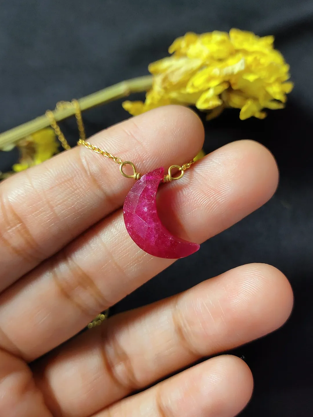 Pink Ruby Crescent Moon Necklace, July Birthstone Pendant, Celestial Crystal Necklace, Gift for Her