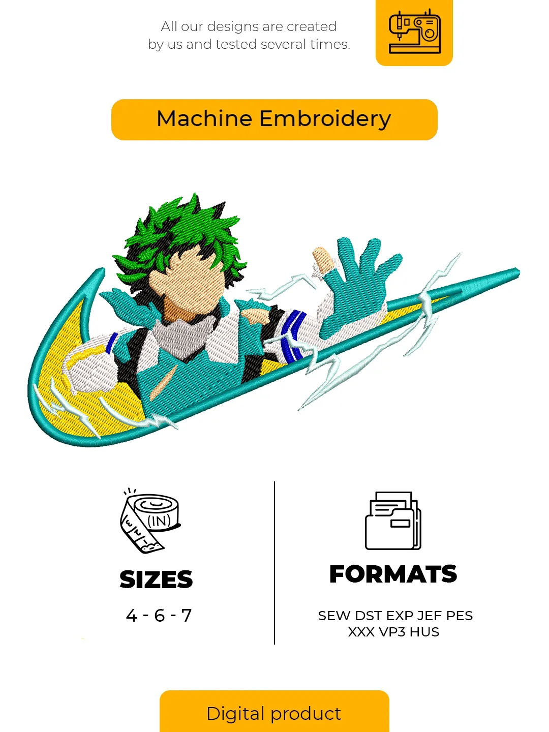 Green Hair Hero Boy Anime Embroidery Design – Lightning Power Swoosh Machine Embroidery File