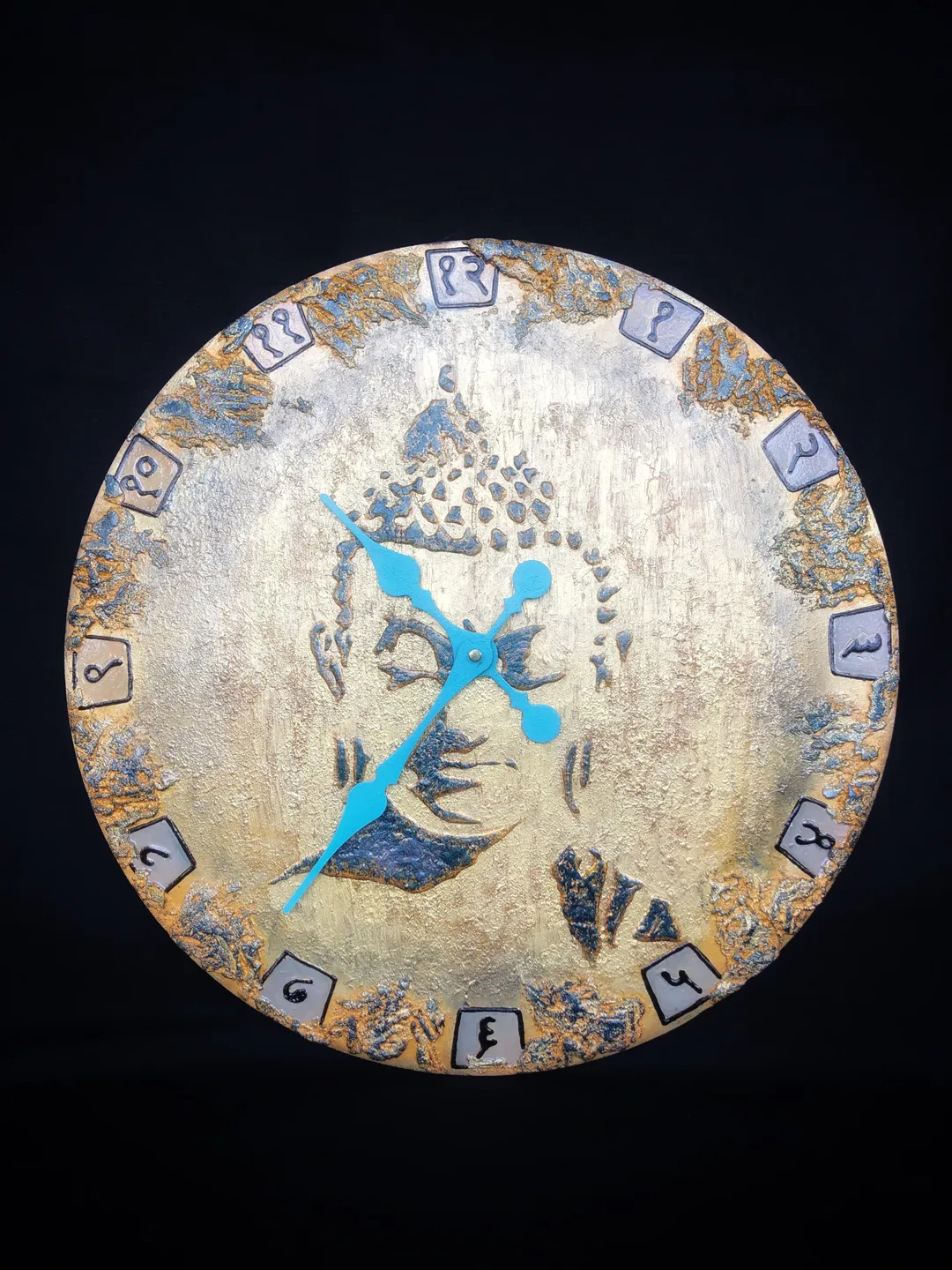 Large glows in the dark Buddha face wall clock for living room, bedroom, kitchen. Ethnic eclectic wall clock