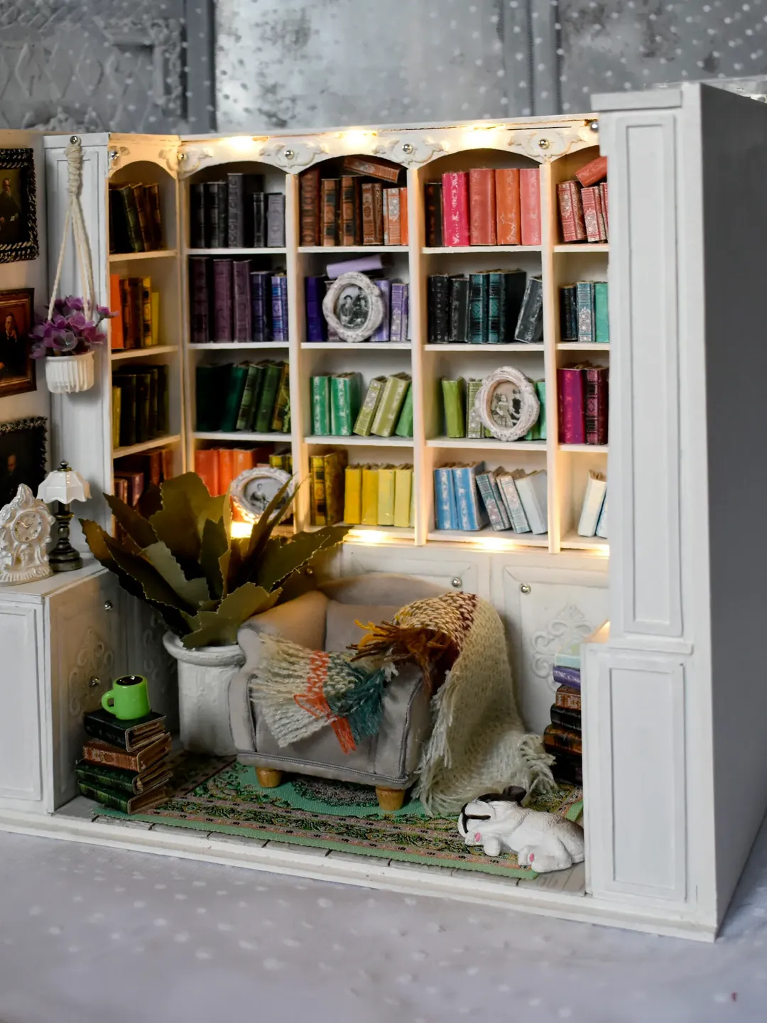 White Book nook LIBRARY miniature on the bookshelf with light