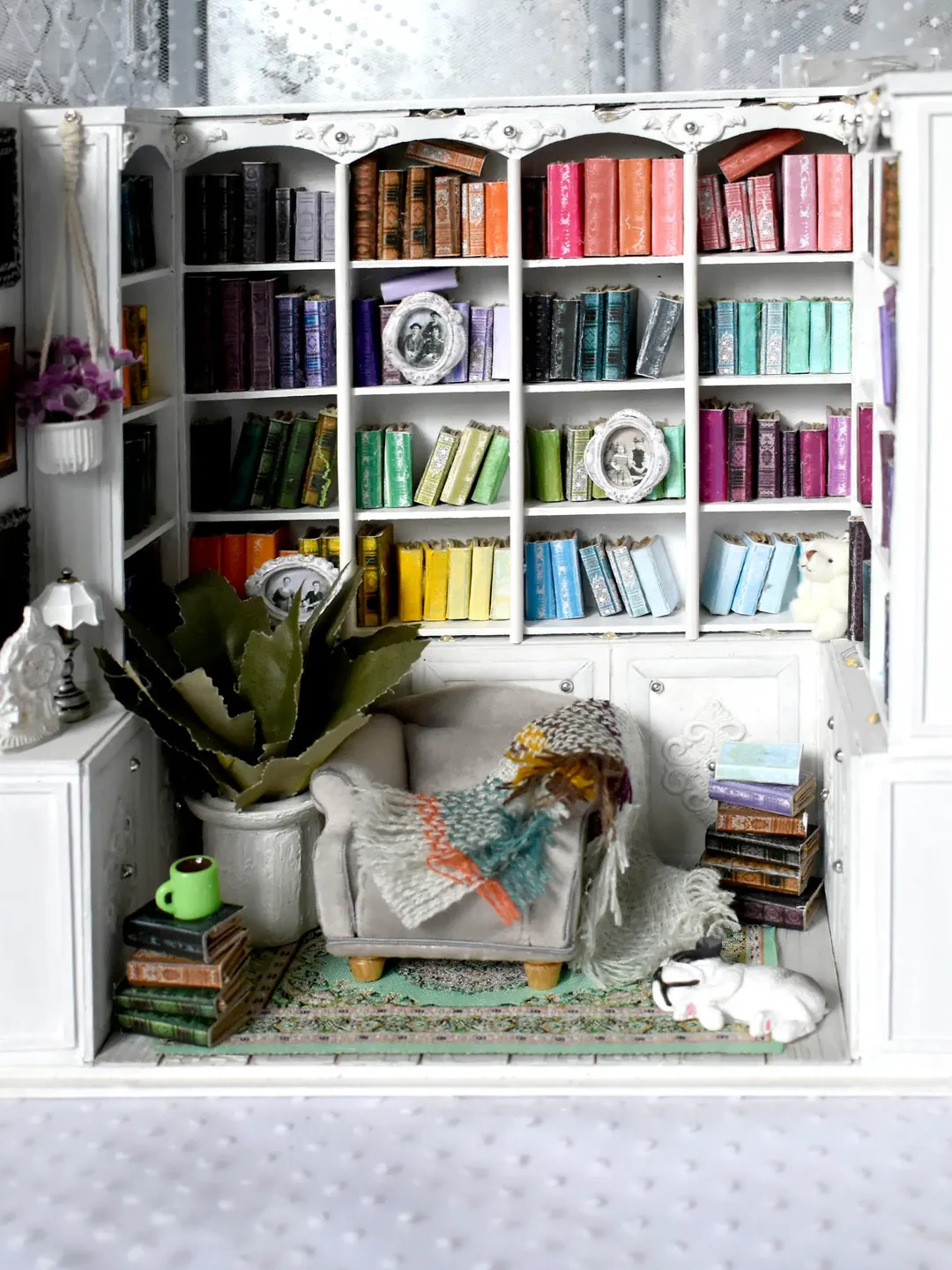 White Book nook LIBRARY miniature on the bookshelf with light