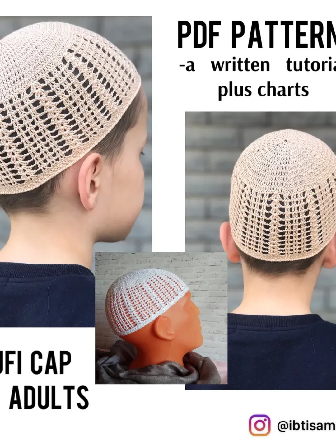 Crochet men's kufi cap PDF printable pattern