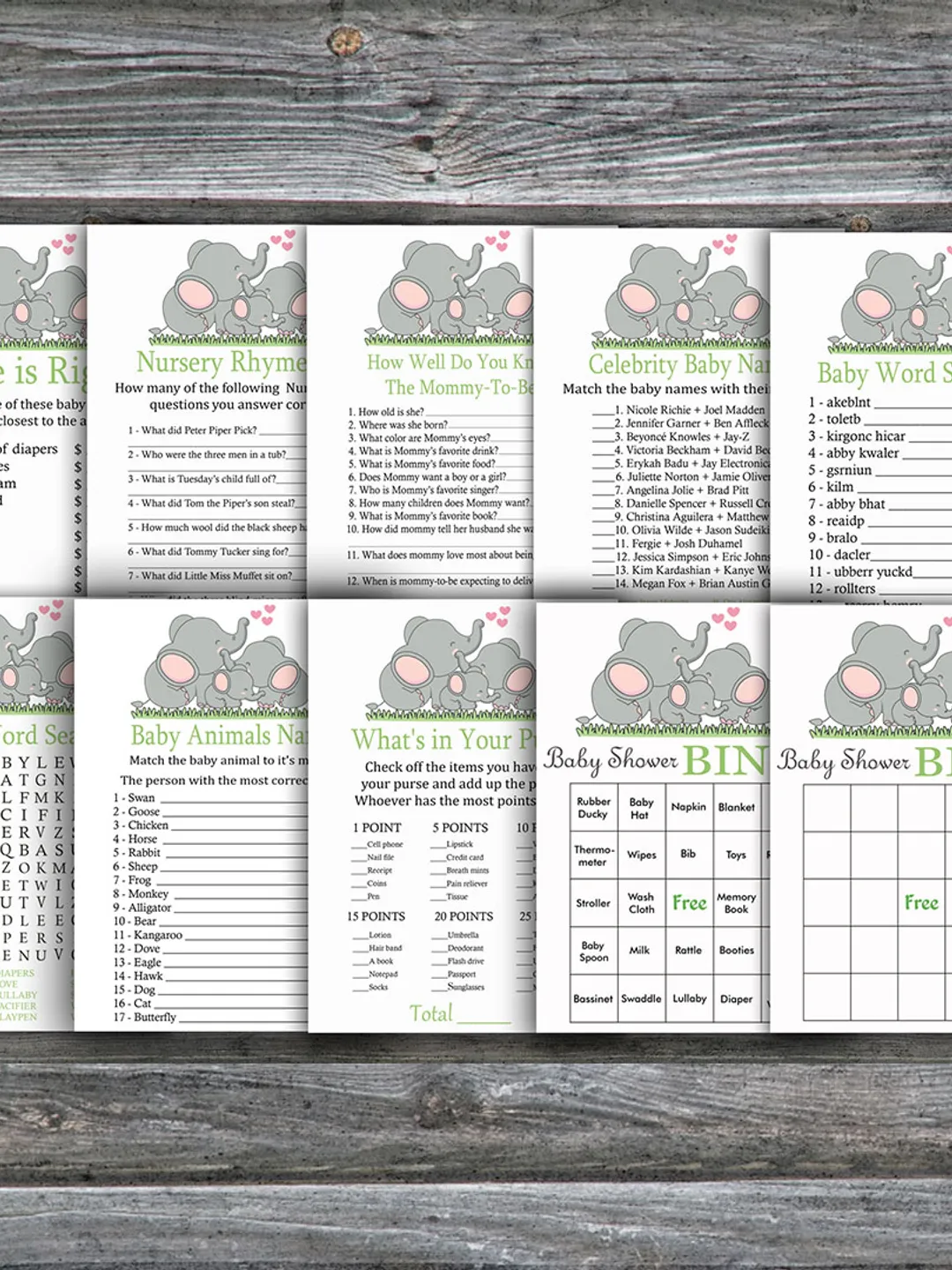 Elephant baby shower games bundle,Jungle Baby Shower games package,Fun Baby Shower Games,9 Printable Games-299