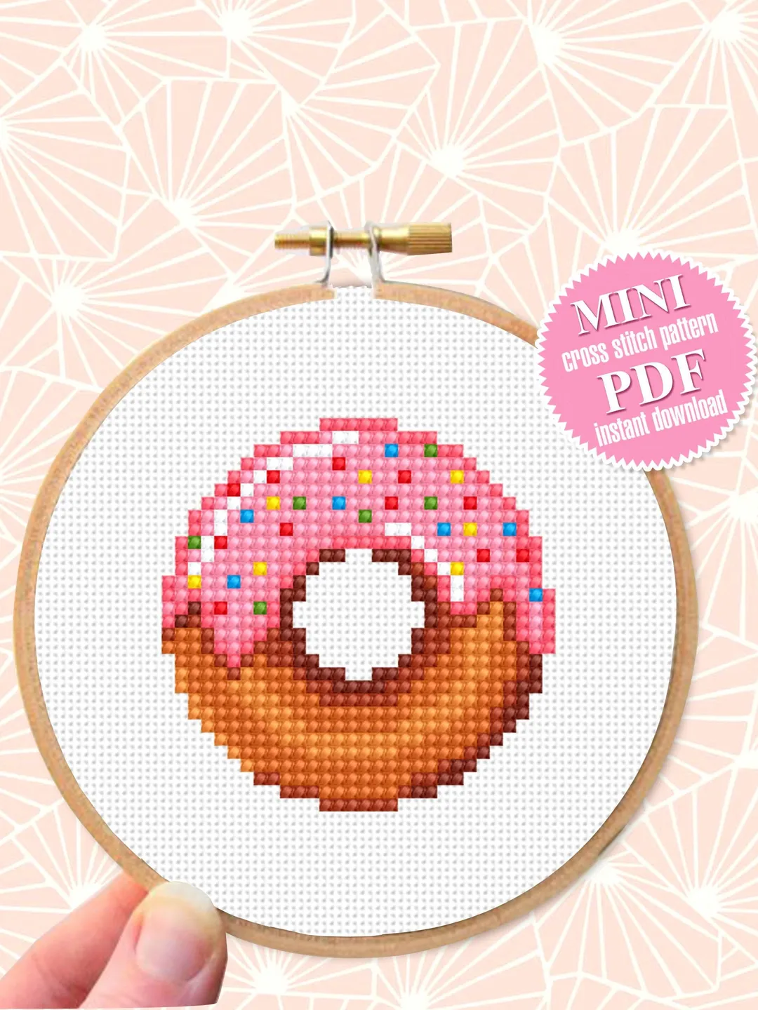 Pink donut small cross stitch pattern PDF Mini cross stitch chart, Minimalistic food cross stitch Instant download PDF, Beginner stitch #F3