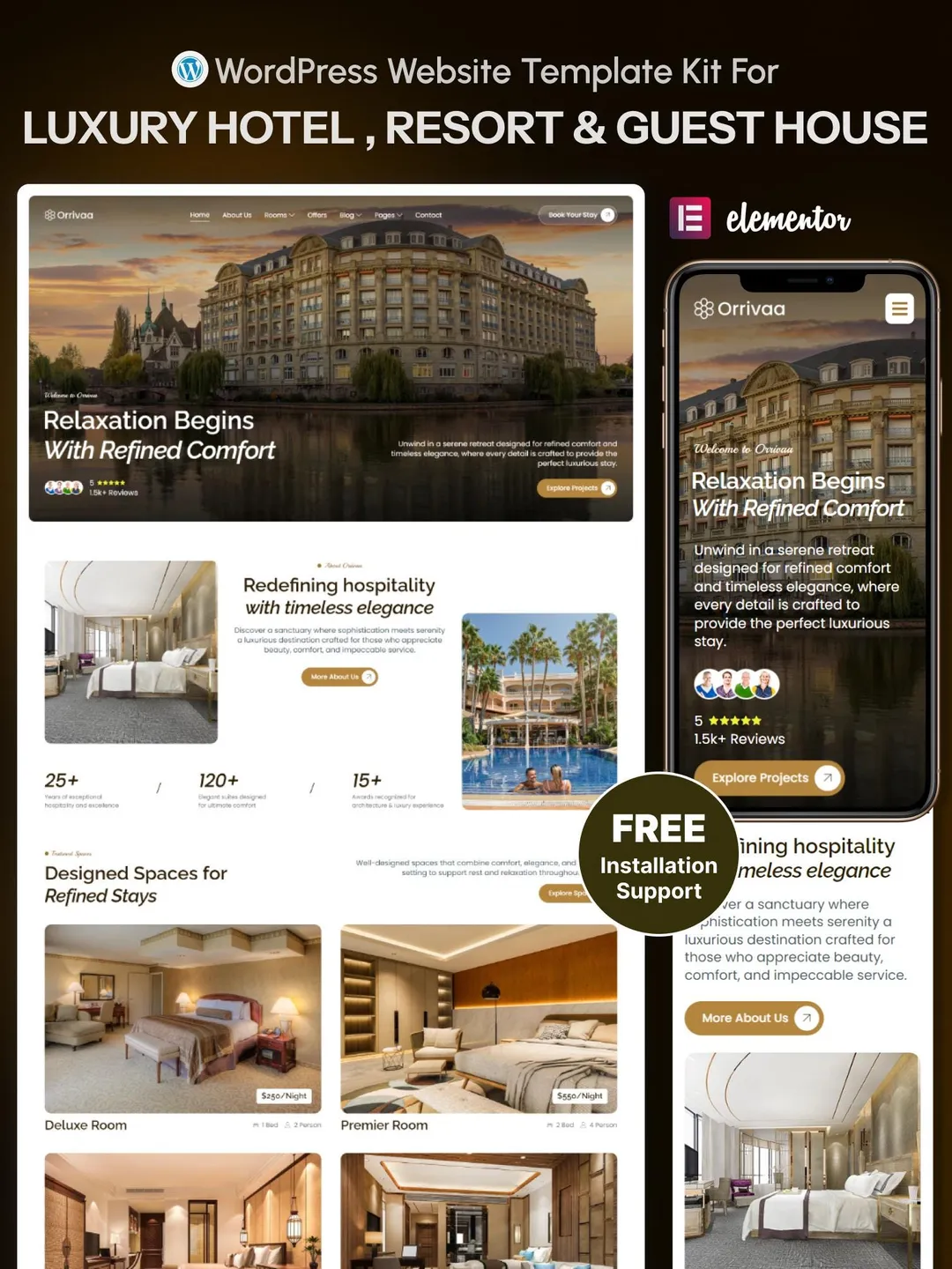 Luxury Hotel WordPress Elementor Template Kit | Resort, Guest House, Villas & Hospitality Business Website Template