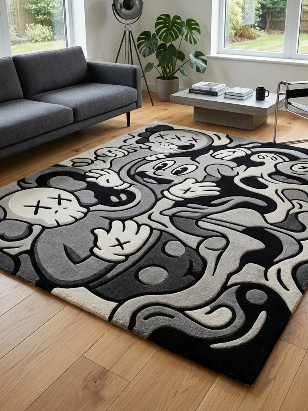 Pop Art Area Rug Hand Tufted Wool KAWS Style Grey Black Modern Street Art Decor Large Rug for Living Room Bedroom 8x10 9x12 Custom Size