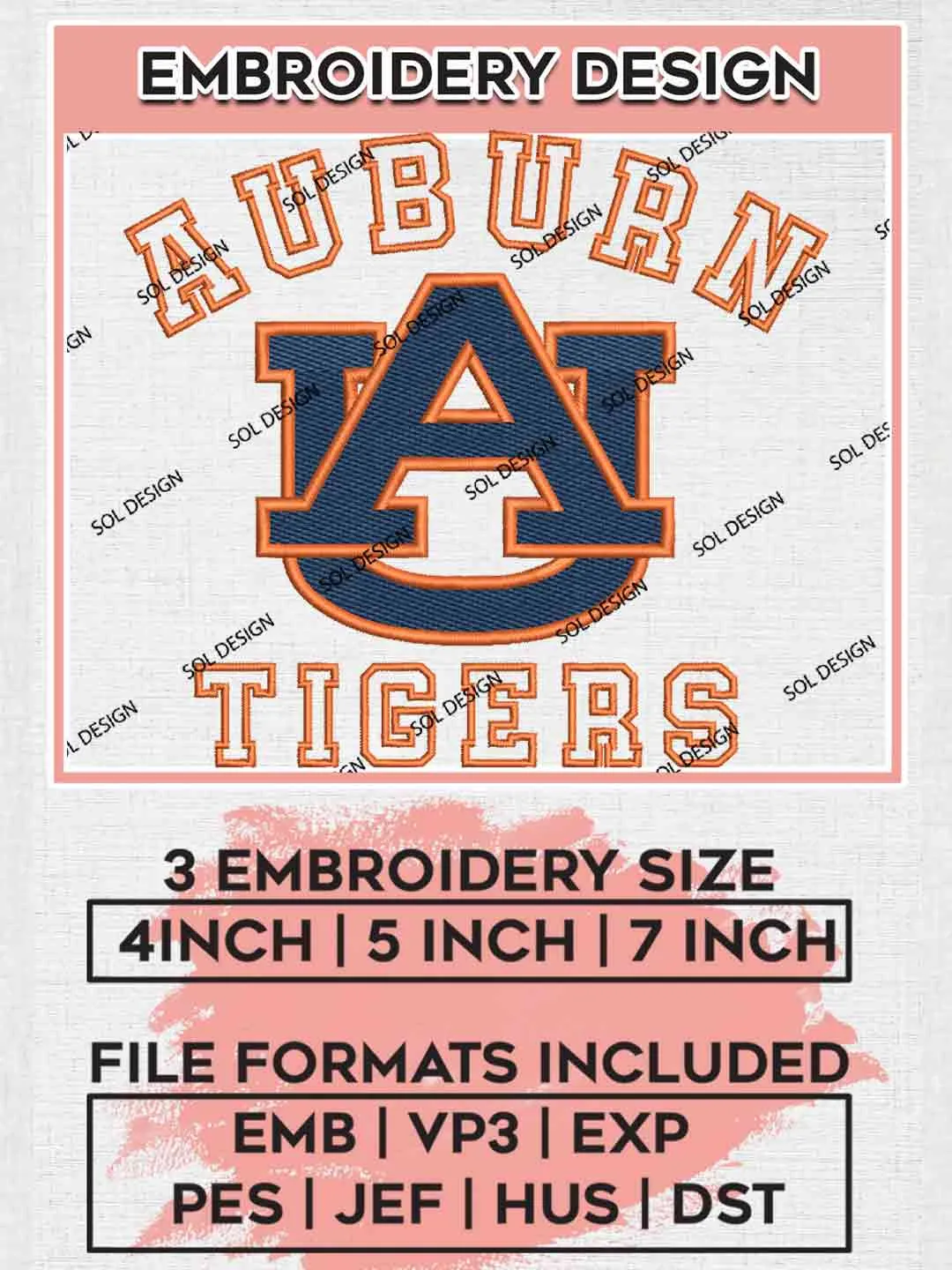 Auburn Tiger Embroidery Design, Football Embroidery files, Sport Machine embroidery files, 3 sizes, Instant Download