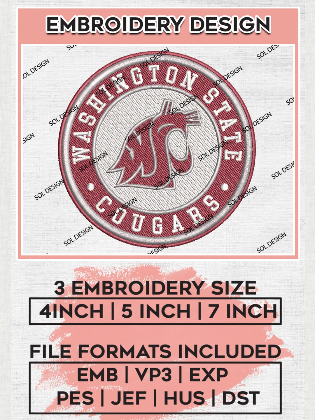NCAA Washington State Cougars Round Logo Embroidery, NCAA Washington State Cougars Embroidery Design files, NCAA Teams, NCAA Machine embroidery designs, Digital Download