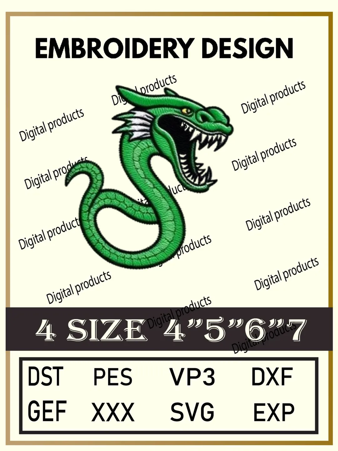 Dragon Embroidery Design Digital Logo Pattern with Coiled Body and Sharp Teeth for Machine Embroidery Projects in Four Sizes with Multiple Compatible Formats Including DST, PES, VP3, DXF, GEF, XXX, SVG, EXP