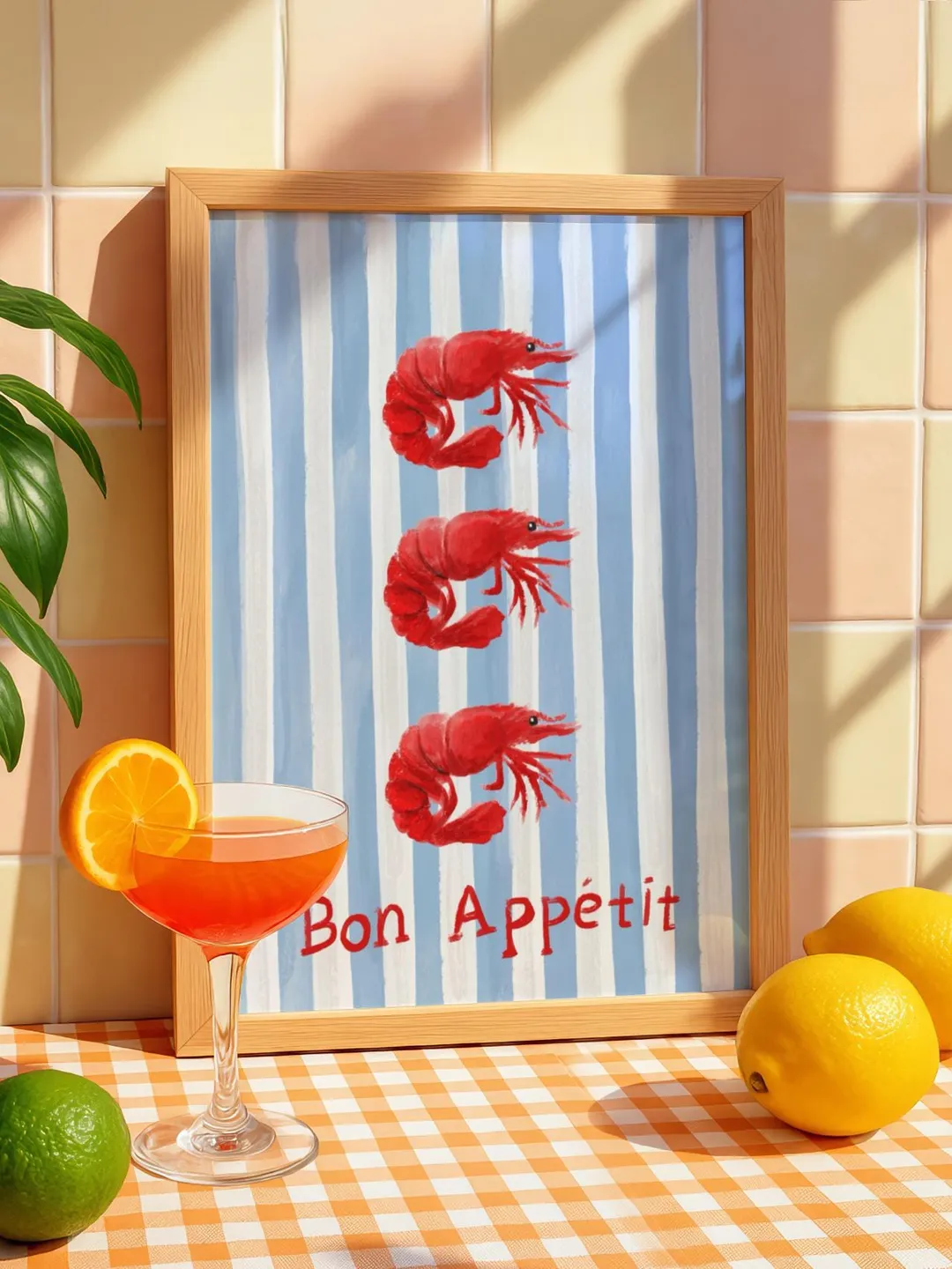 Trendy Prawn Print, Retro Kitchen Wall Art, Shrimp print, Modern wall art, seafood wall decor, bonappetit print