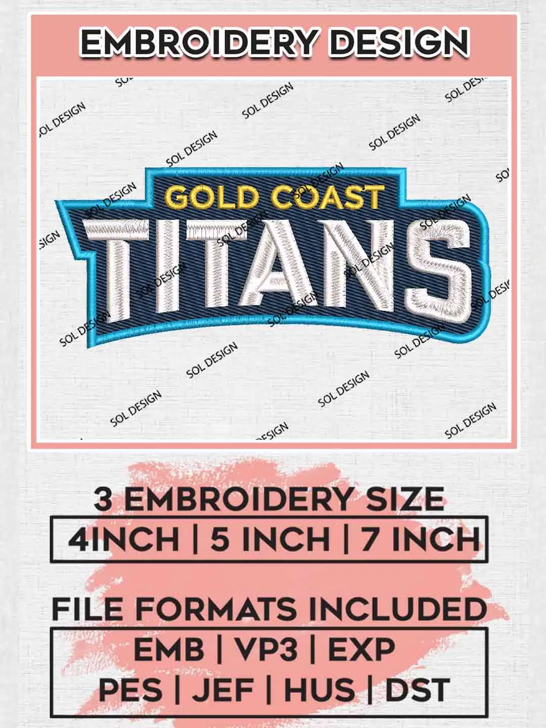 NRL Gold Coast Titans Wordmark Logo Embroidery Design, National Rugby League Logo, Gold Coast Titans Logos Embroidery Design,NRL Machine Embroidery Digitized Pes File,3 Sizes, Instant Download