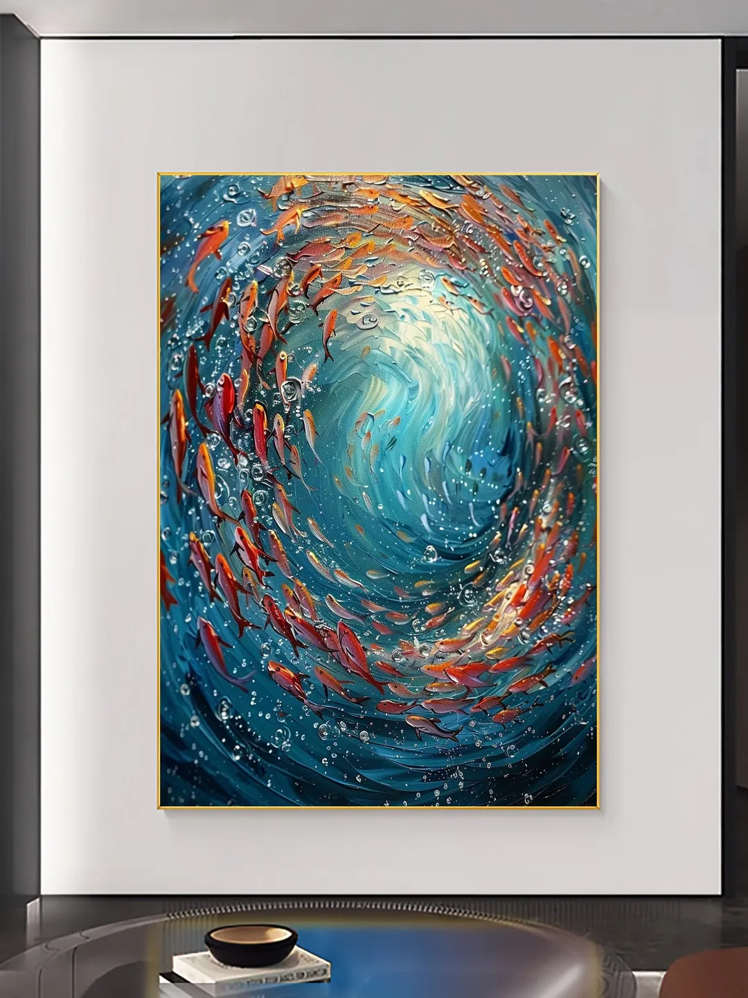 Original School Of Fish On The Bottom Of The Sea Oil Painting On Canvas, Abstract Blue Ocean Painting, Living Room Wall Art, Custom Painting