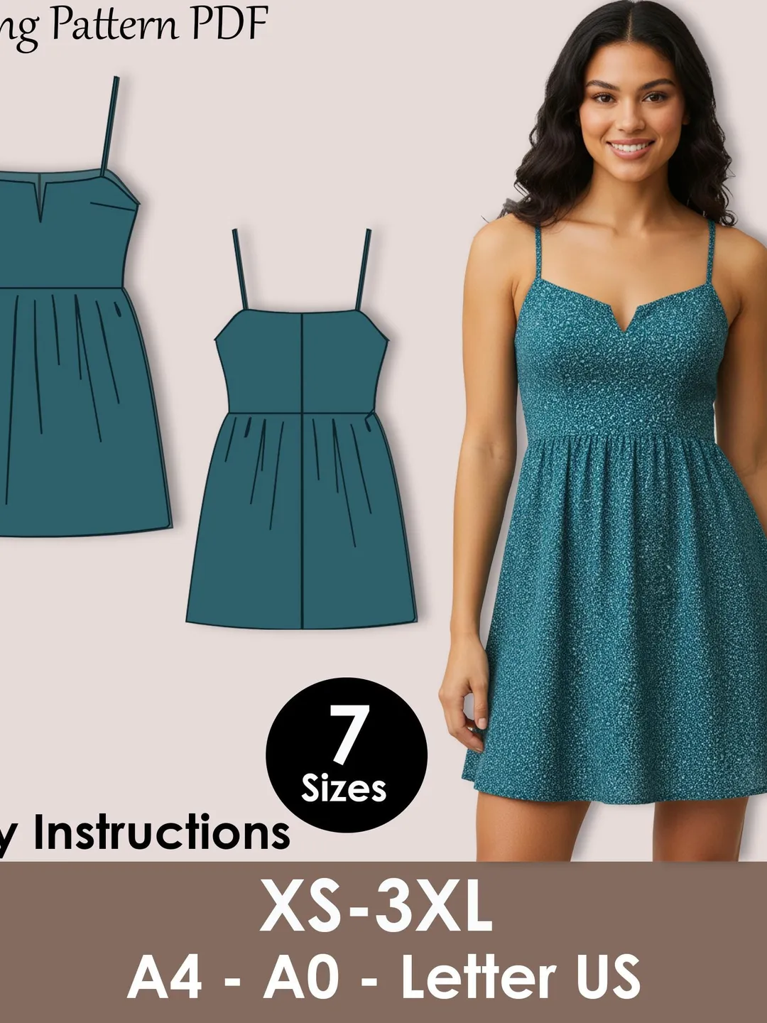 Spaghetti Strap Mini Dress Sewing Pattern PDF | Summer Sundress XS-3XL Spaghetti Strap Mini Dress Sewing Pattern PDF | Summer Sundress XS-3XL