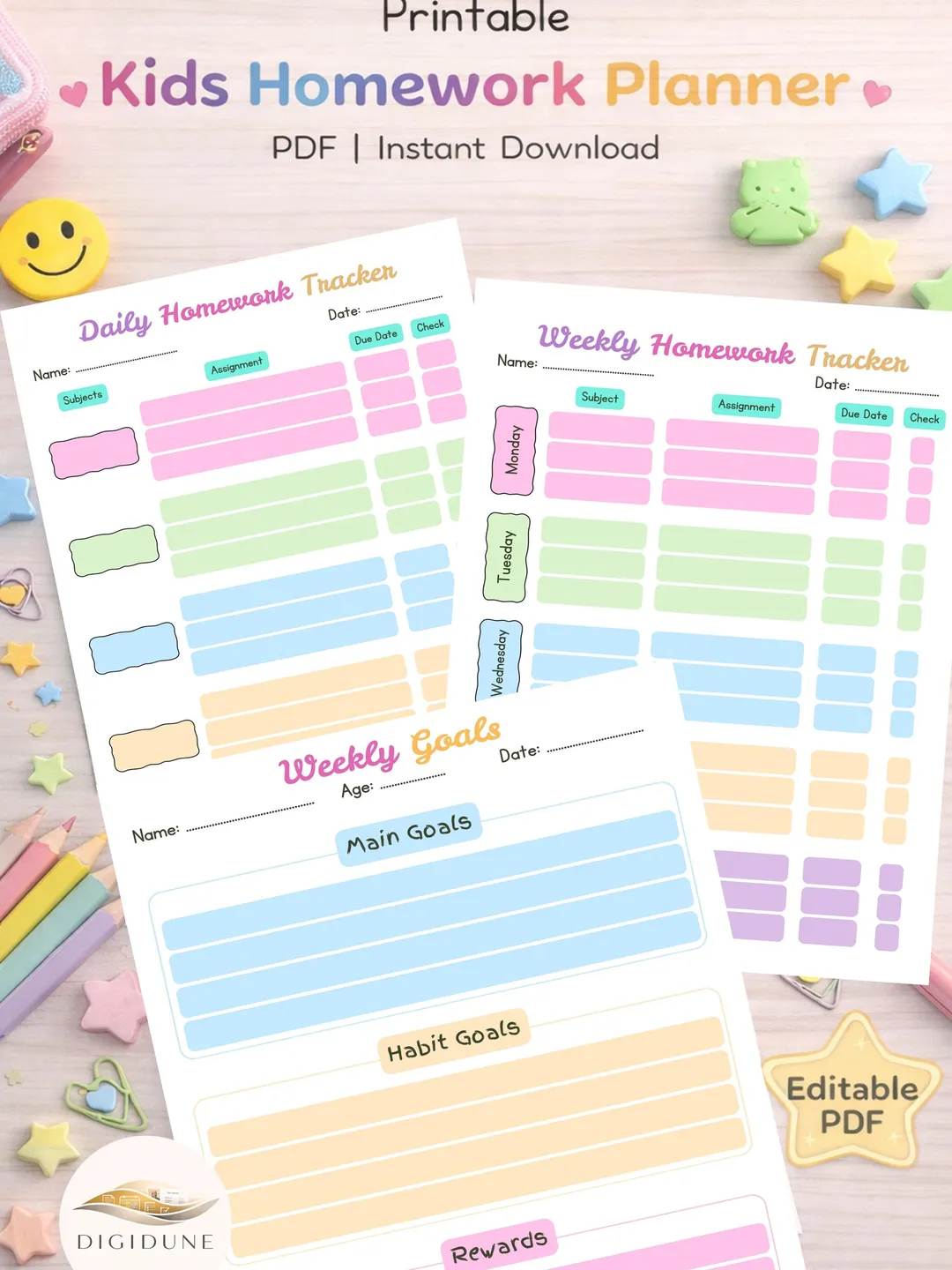 Kids Homework Planner Printable | Student Study Tracker (Digital Download)