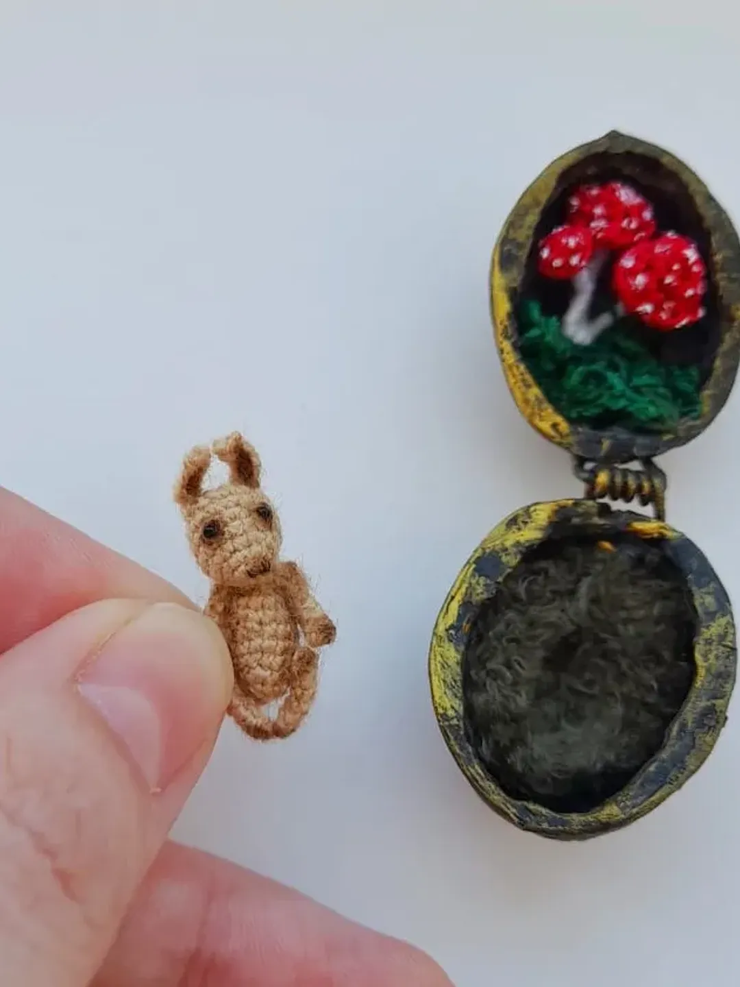 Miniature crochet rabbit in a nuthouse