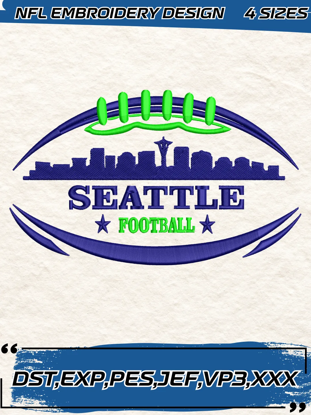Seattle Skyline Embroidery Designs, Football Team NFL Machine Embroidery Digitized Pes Files, 4 Sizes, Digital Download