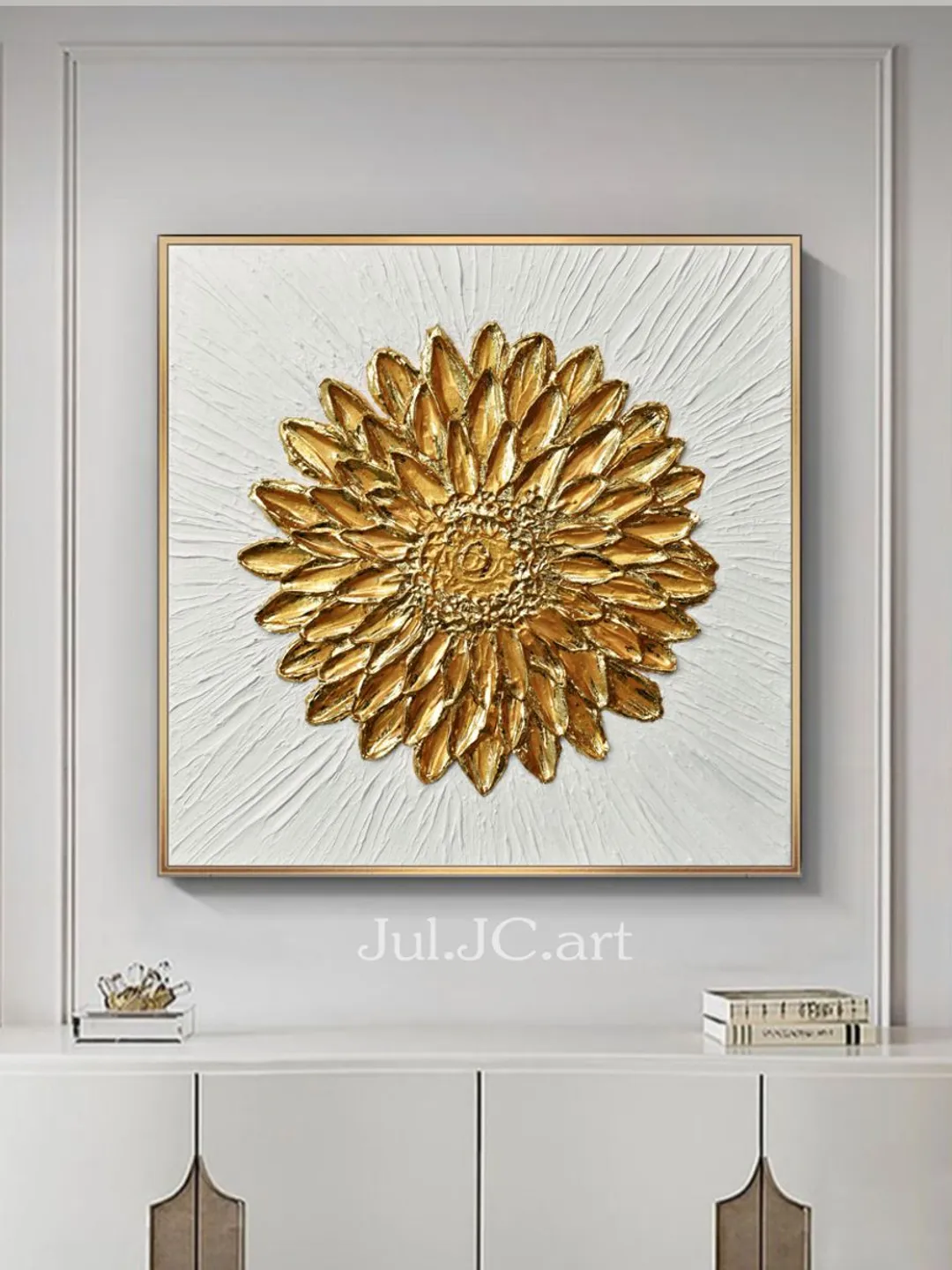 Golden Flower Abstract Wall Art Floral Original Painting Textured artwork Gold Leaf Wall Art Modern wall decor