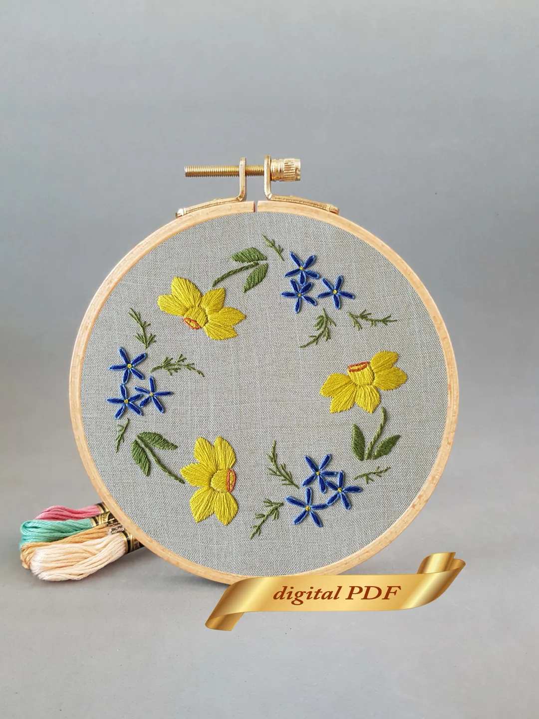 Yellow daffodils wreath pattern pdf embroidery, Easy hand embroidery DIY