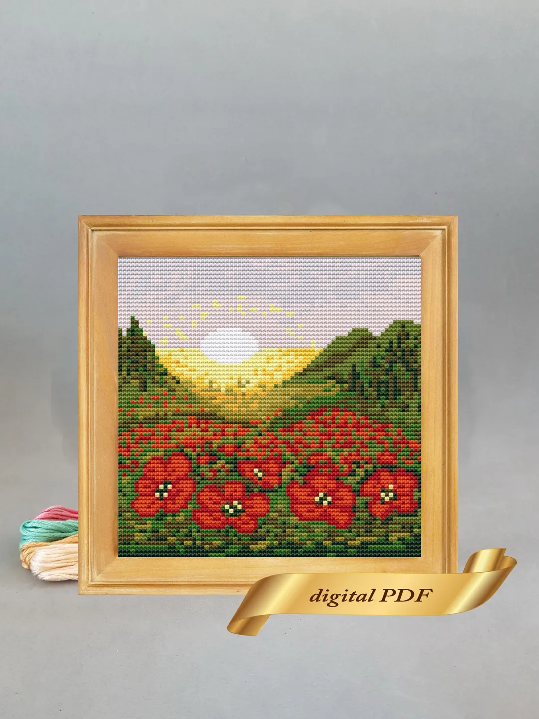 Landscape with poppies pattern pdf cross stitch, Easy embroidery DIY
