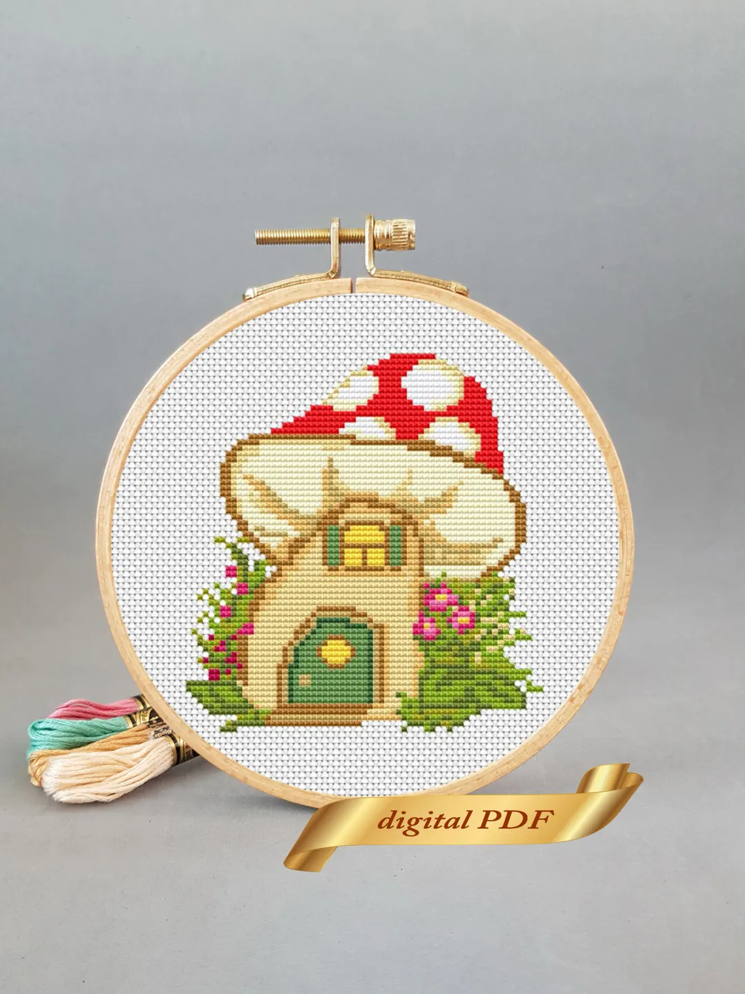 Mushroom house pattern cross stitch, easy embroidery DIY