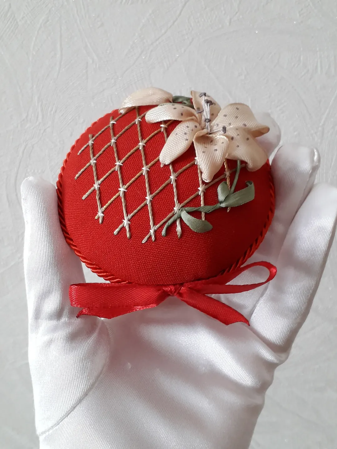 Red pincushion pillow ribbon embroidery, round pin keeper , embroidered pin accessory