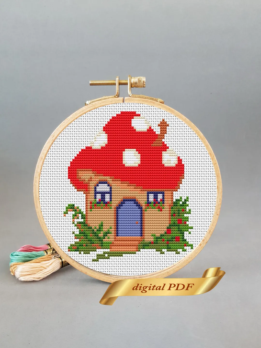 Cute mushroom house pattern cross stitch, easy embroidery DIY
