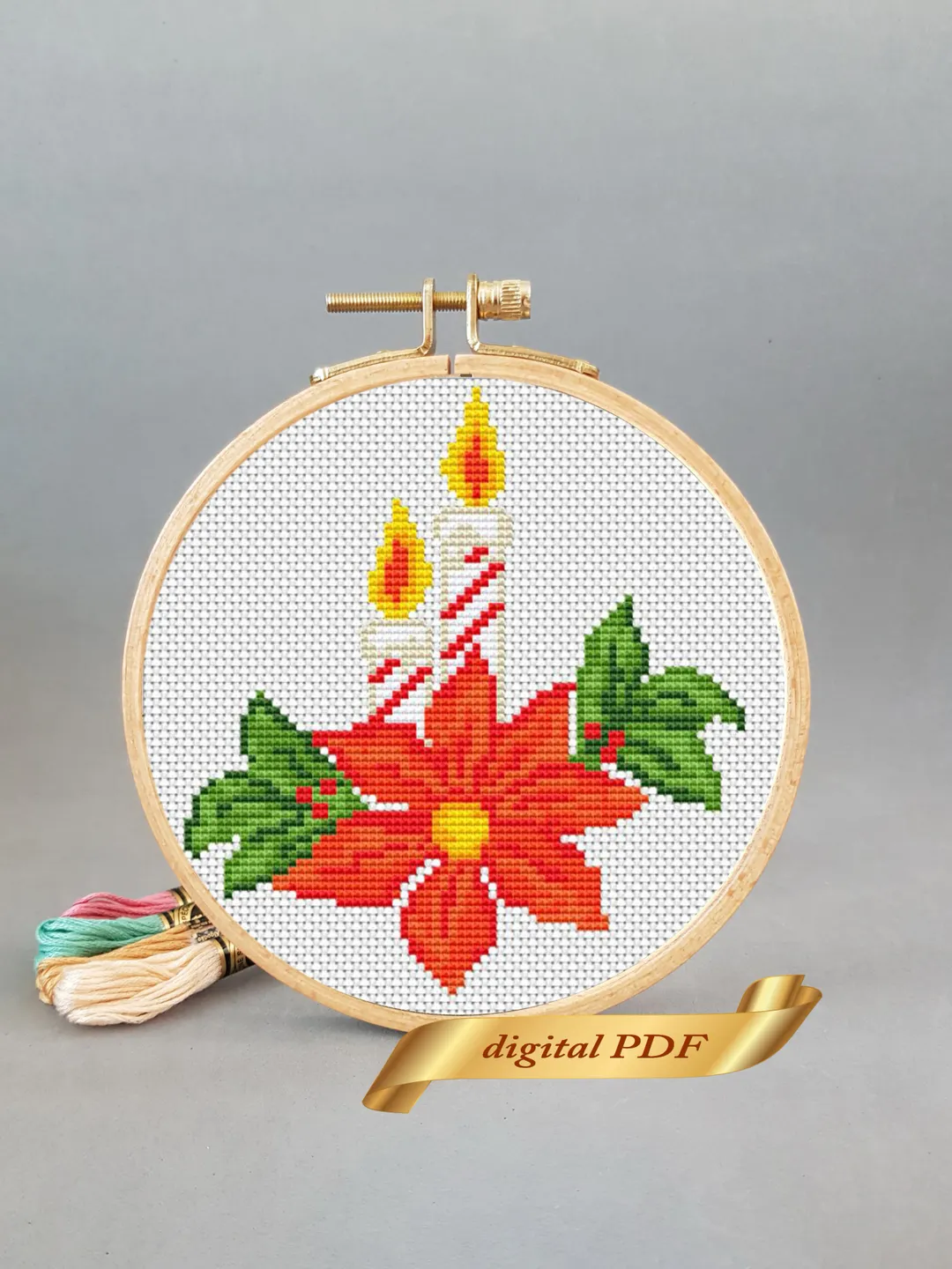 Christmas Poinsettia pattern cross stitch, Easy embroidery DIY