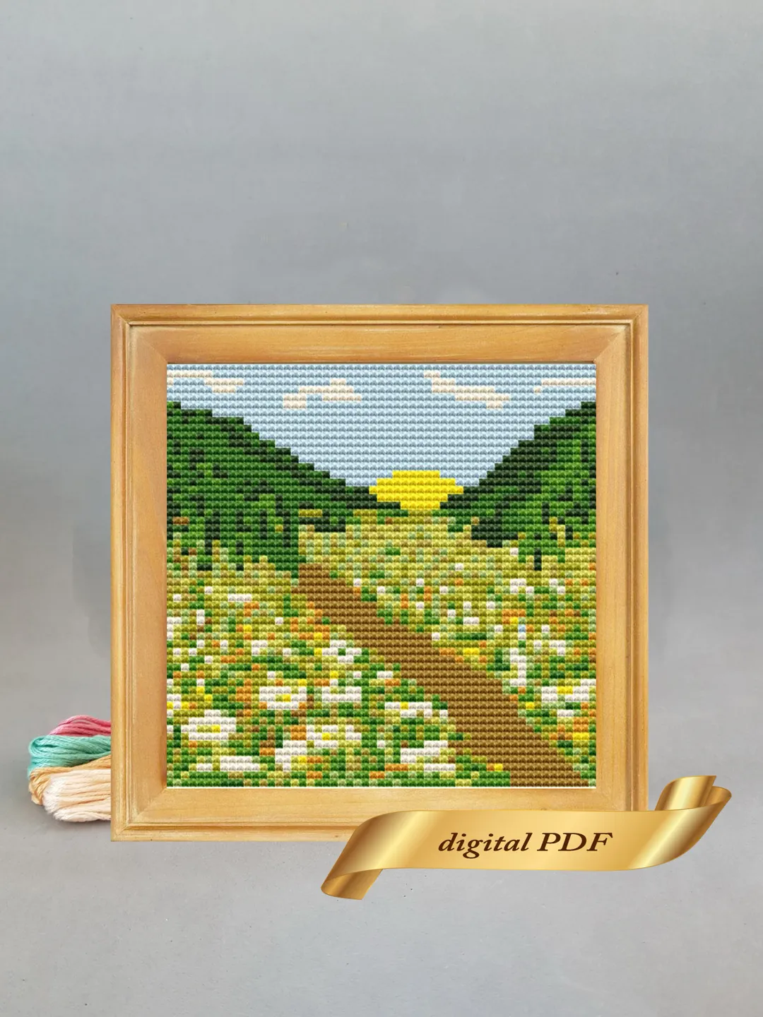 Summer landscape pattern pdf cross stitch, Easy embroidery DIY, small pattern