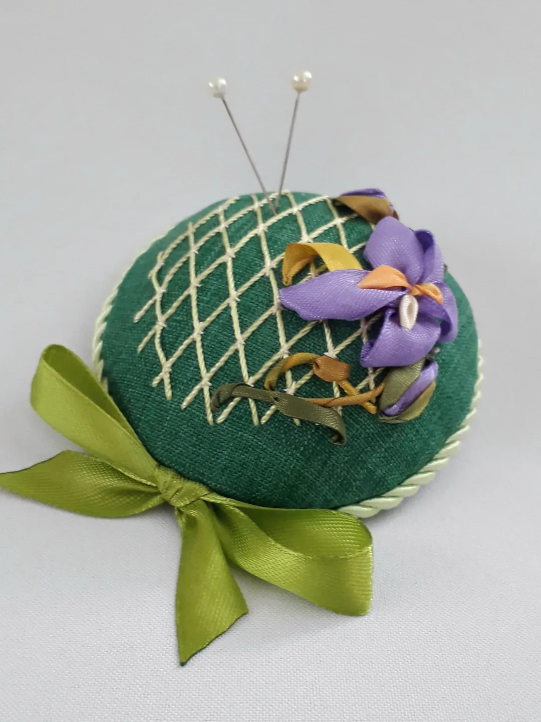 Green pincushion pillow ribbon embroidery, needle case with embroidered iris , embroidered pin accessory
