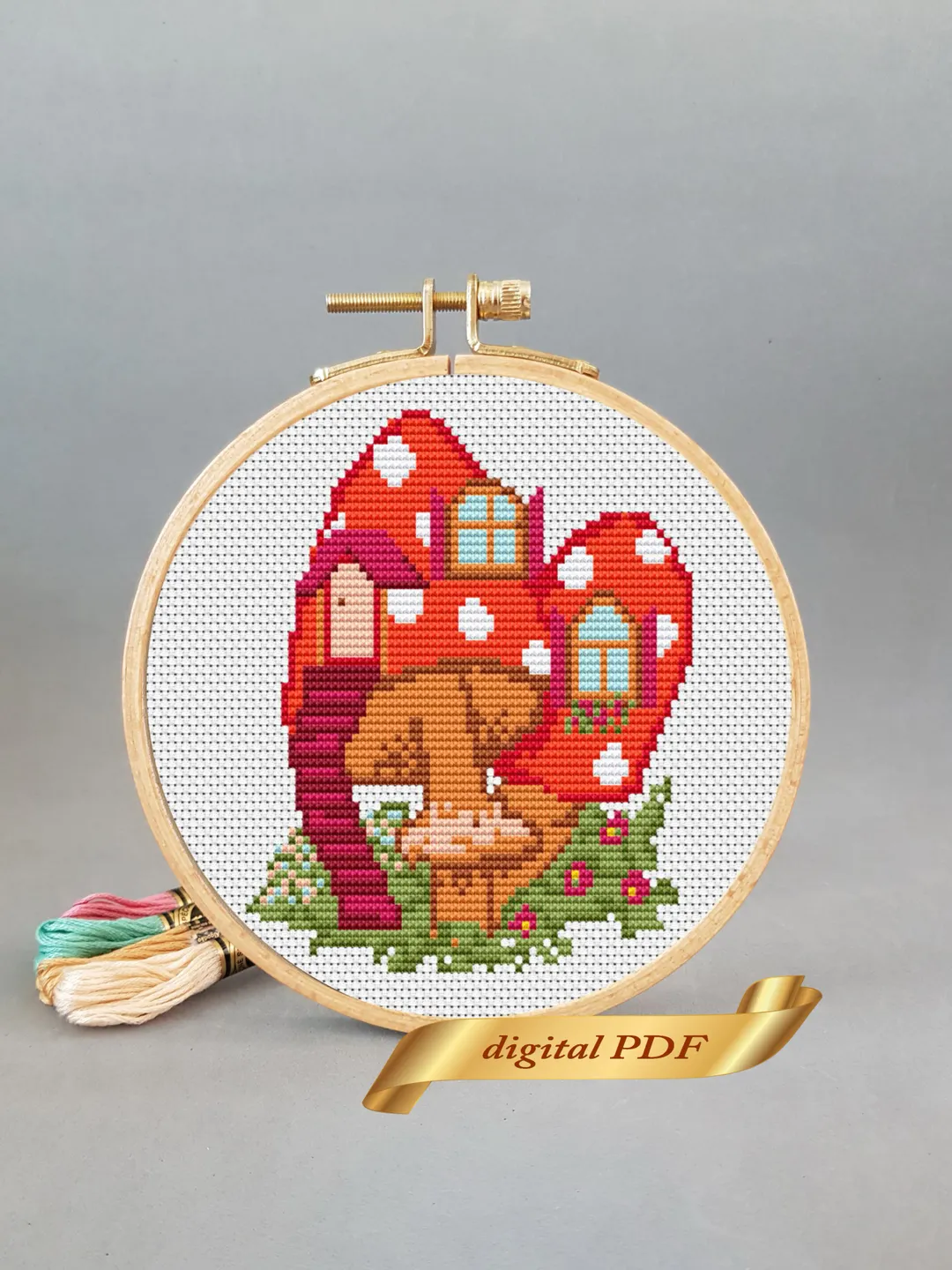 Mushroom house pattern cross stitch, easy embroidery DIY