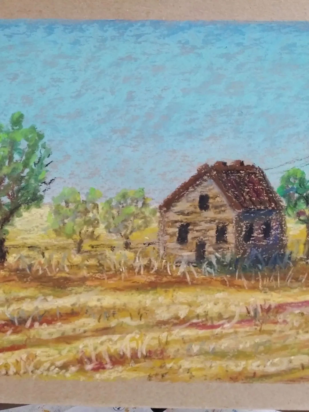 Oil painting in pastel. An abandoned farm