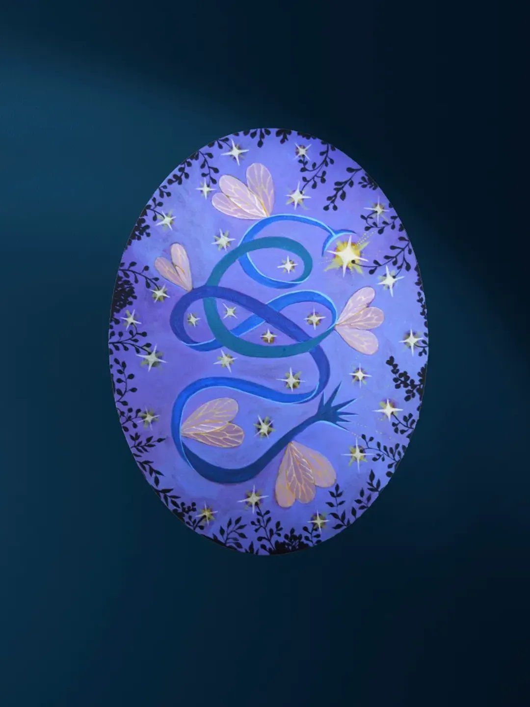 Original painting oval Blue comet and stars Purple sky