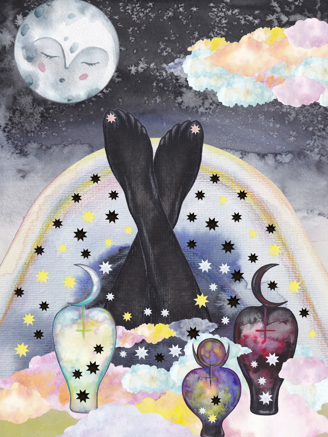 Art print Digital illustration Watercolor bath, moon, stars.