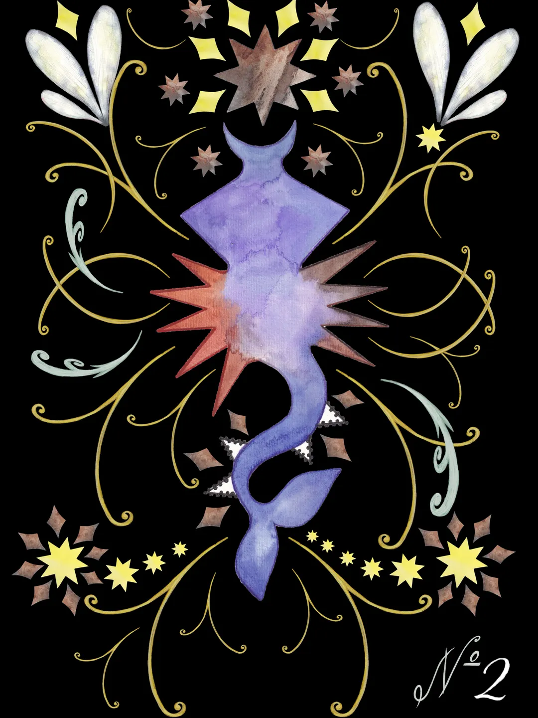 Art print Watercolor digital illustration Purple whale Stars wings