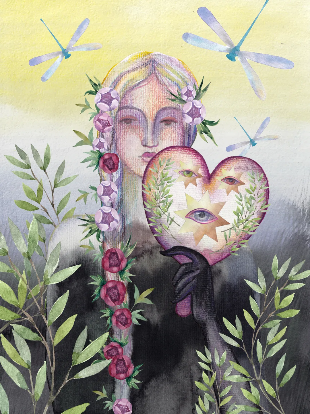 Art print Digital illustration Watercolor nature peony girl eyes