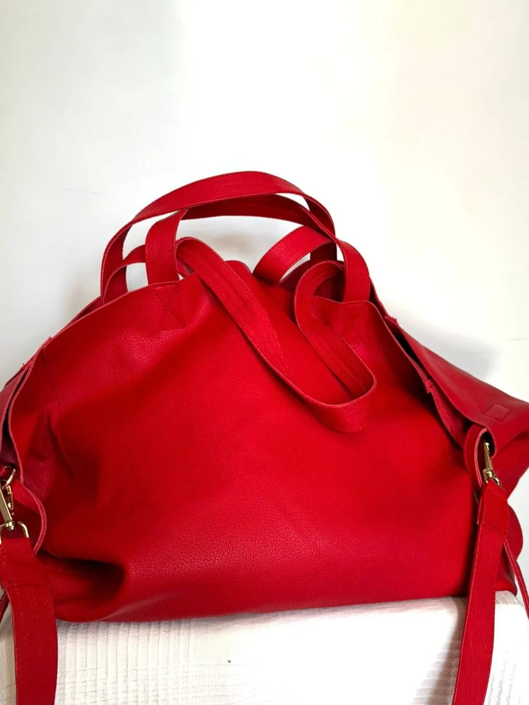 Genuine leather red oversize tote shopper triple handle big bag / everyday purse / handmade bags / designer bags / summer bag /