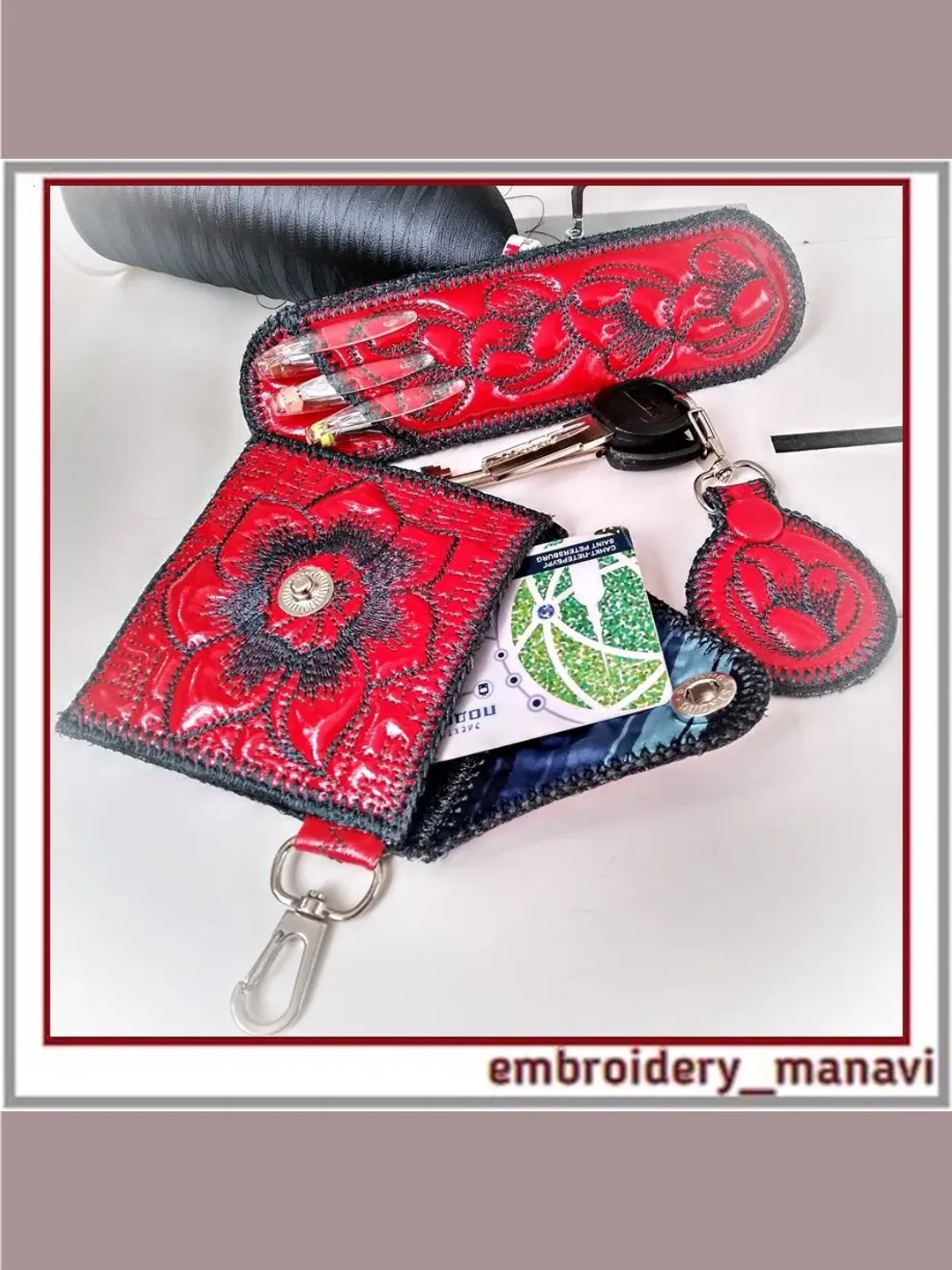 In the hoop embroidery designs of pencil case, keychain, wallet