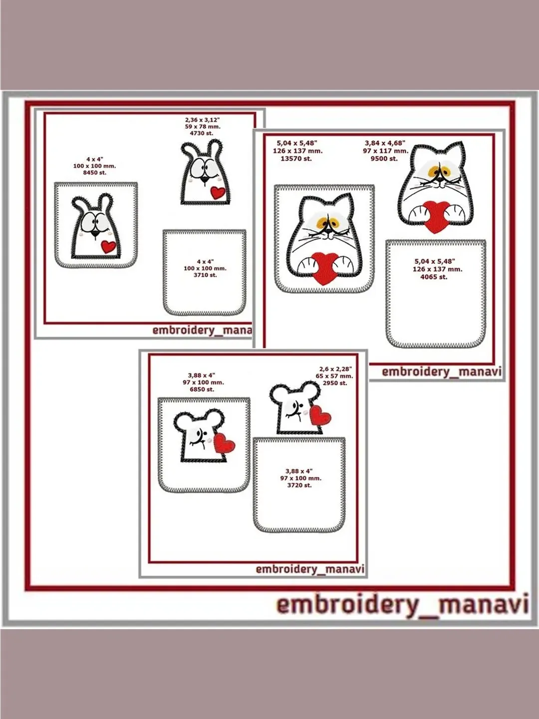ITH Embroidery designs of fun pockets Mouse, cat, rabbit