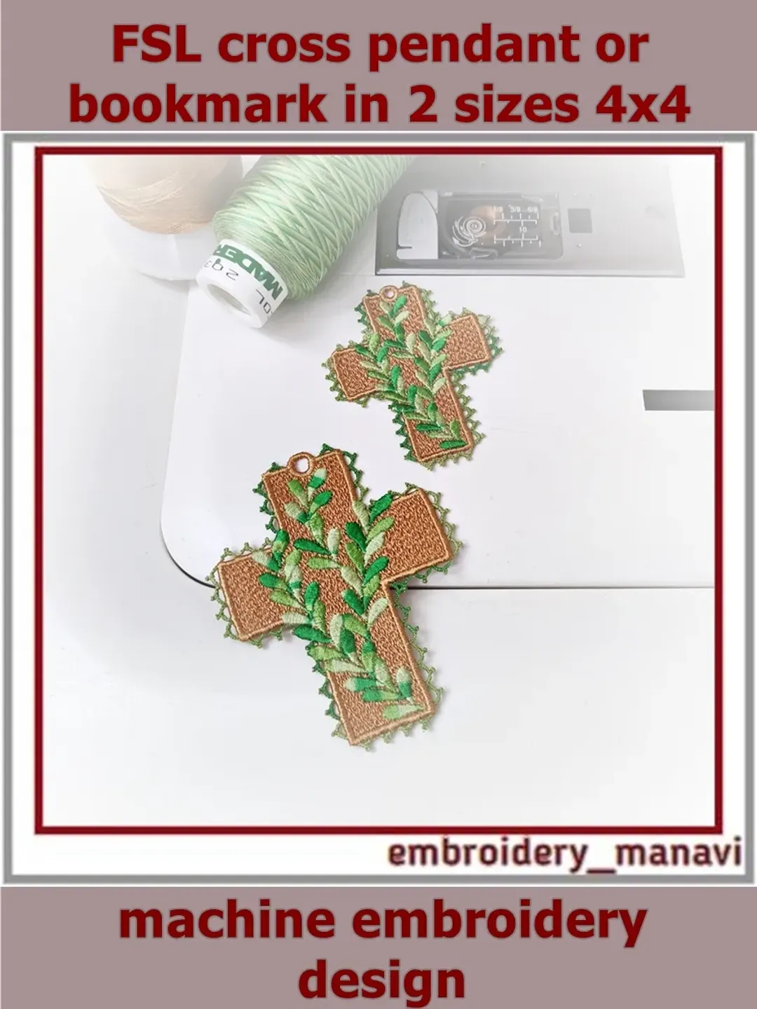FSL cross pendant with twigs In The Hoop embroidery design from Embroidery Manavi 05