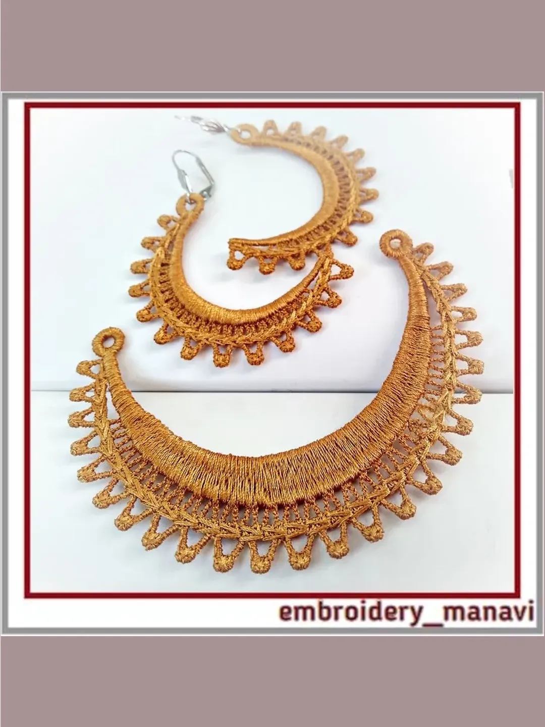 ITH FSL embroidery design earrings and a crescent shaped pendant 2