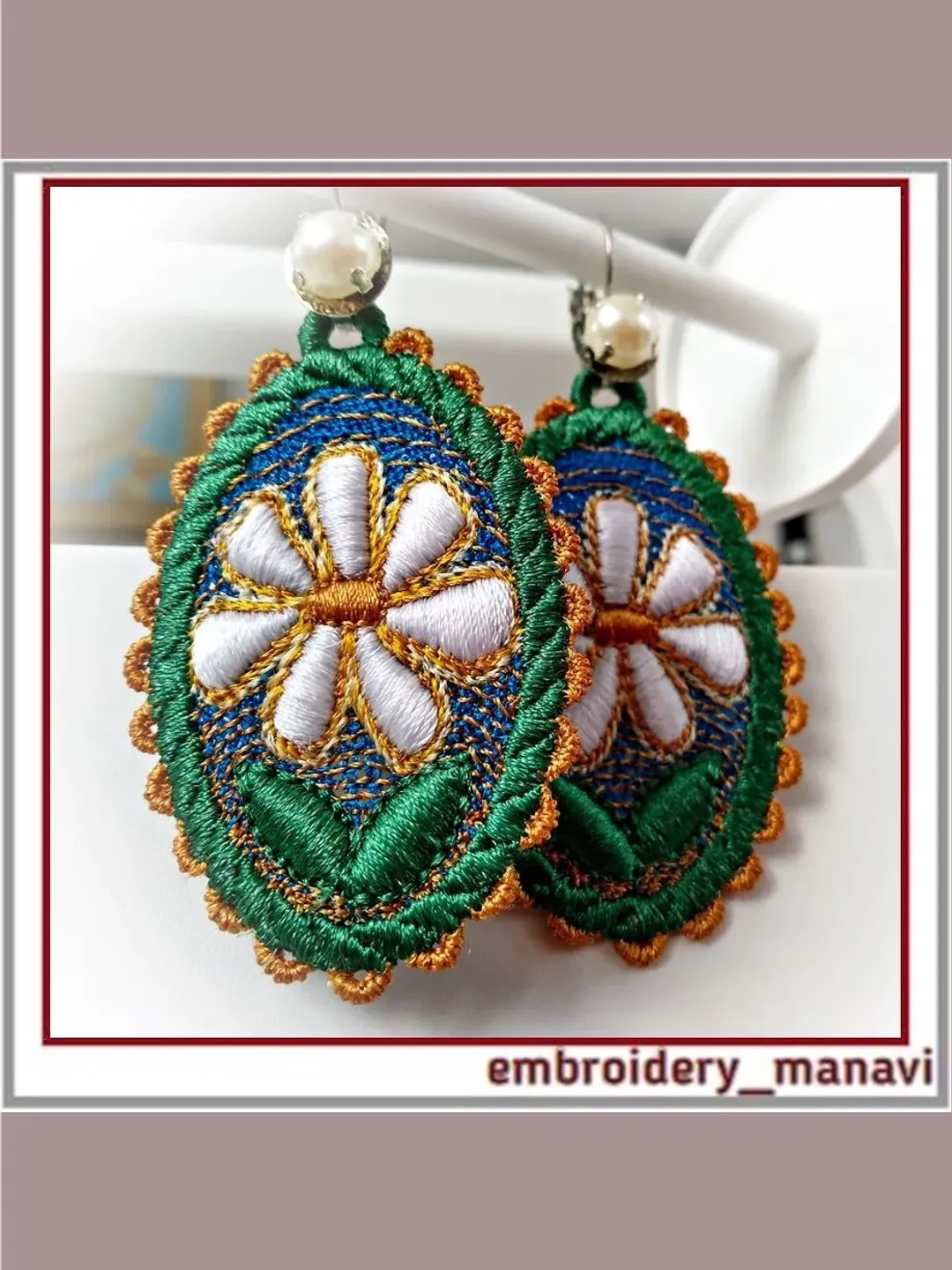 In The Hoop embroidery design oval FSL earrings with chamomile
