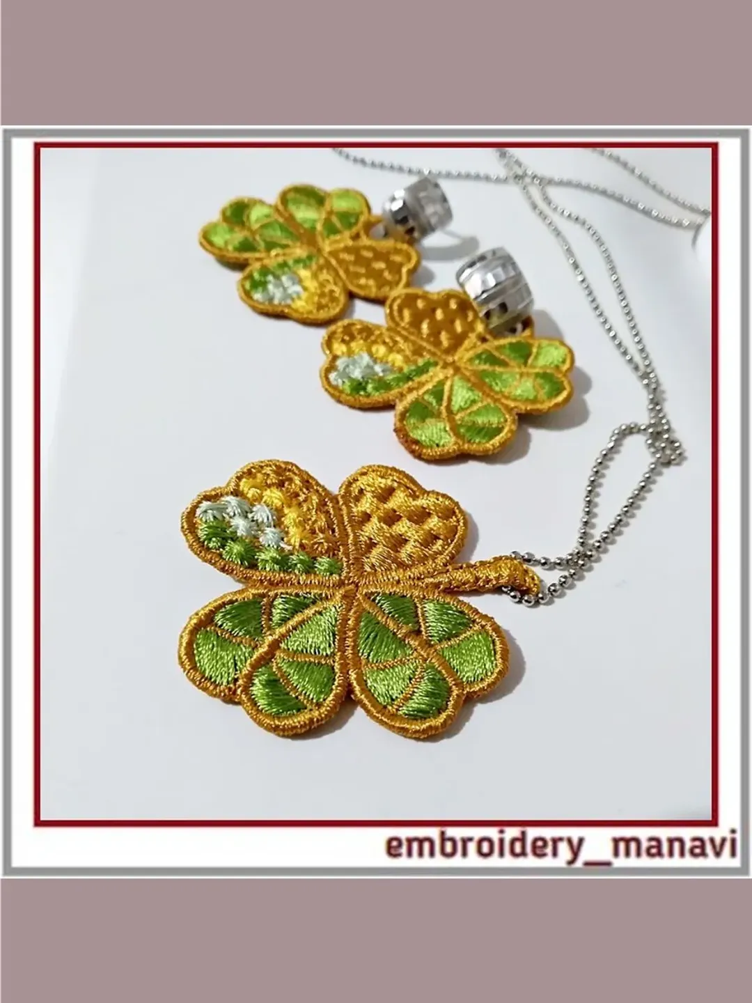 In the hoop embroidery design FSL jewelry clover leaf earrings brooch pendant