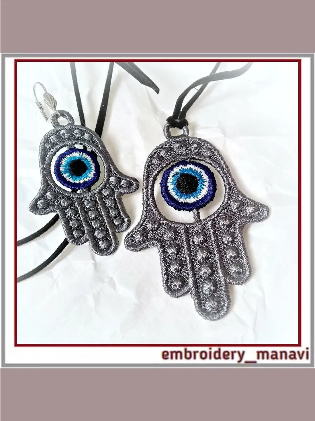 In the hoop Embroidery designs earrinds pendant Hamsa FSL in 2 sizes