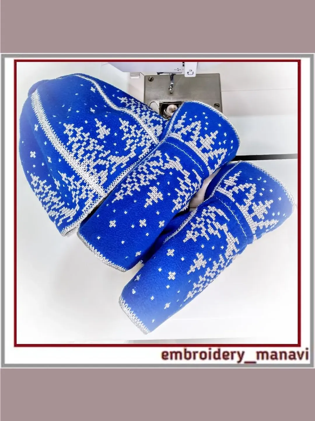 In the hoop machine embroidery set of hat and mittens