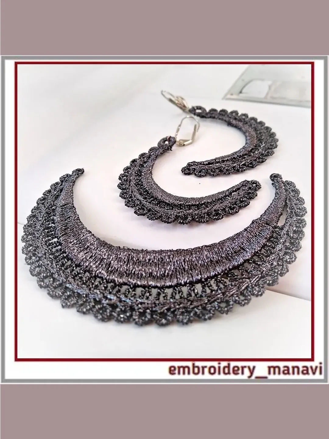 ITH FSL embroidery design earrings and a crescent shaped pendant