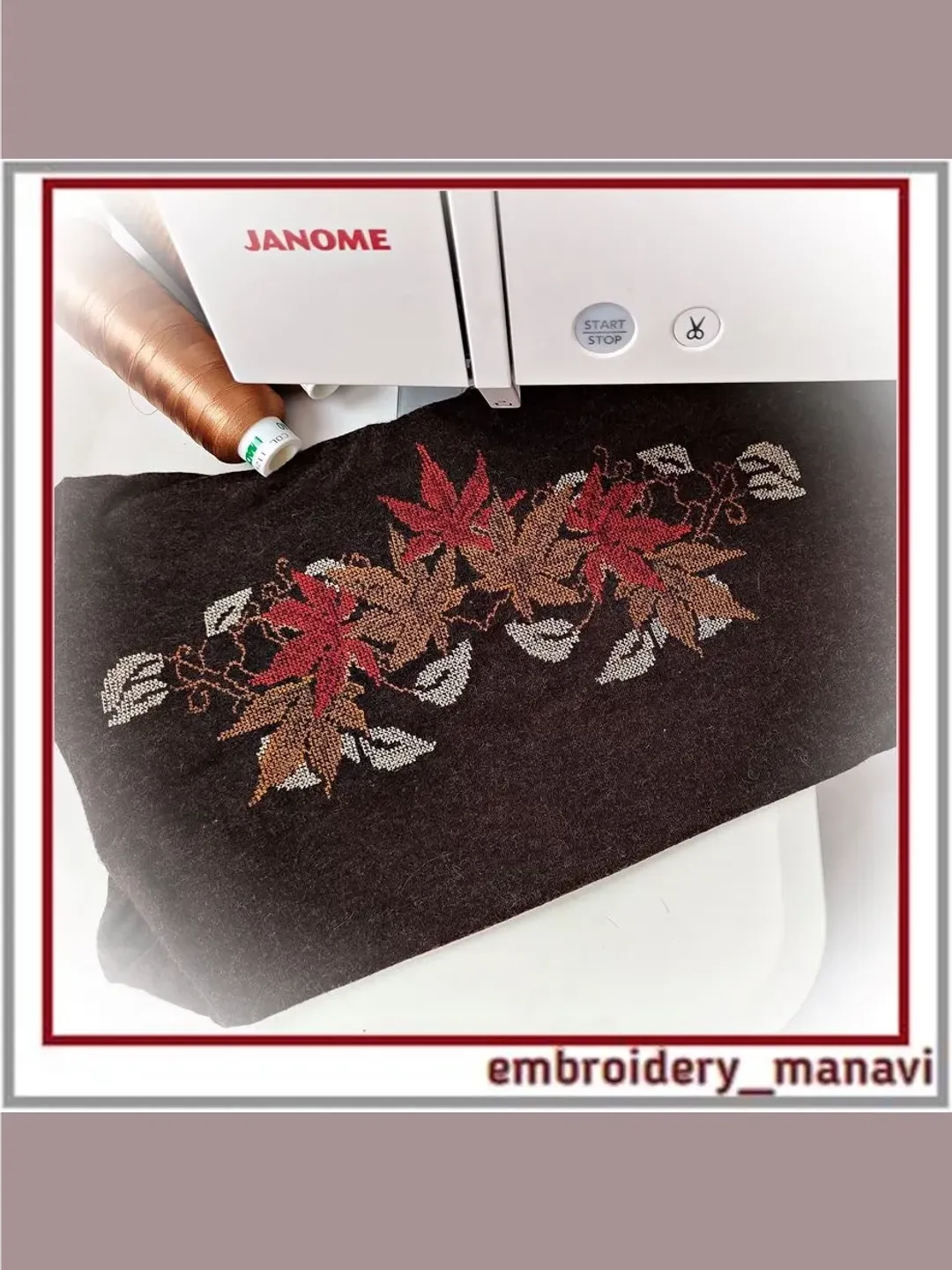 Machine embroidery design autumn leaf border cross stitch