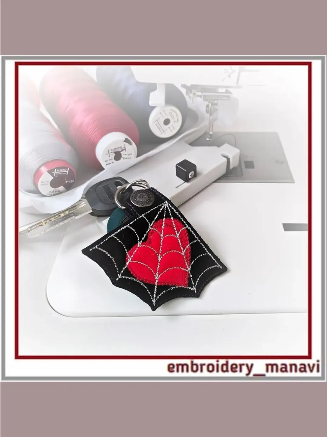 In the hoop embroidery/Keychain with heart in a spider's web – 3 designs