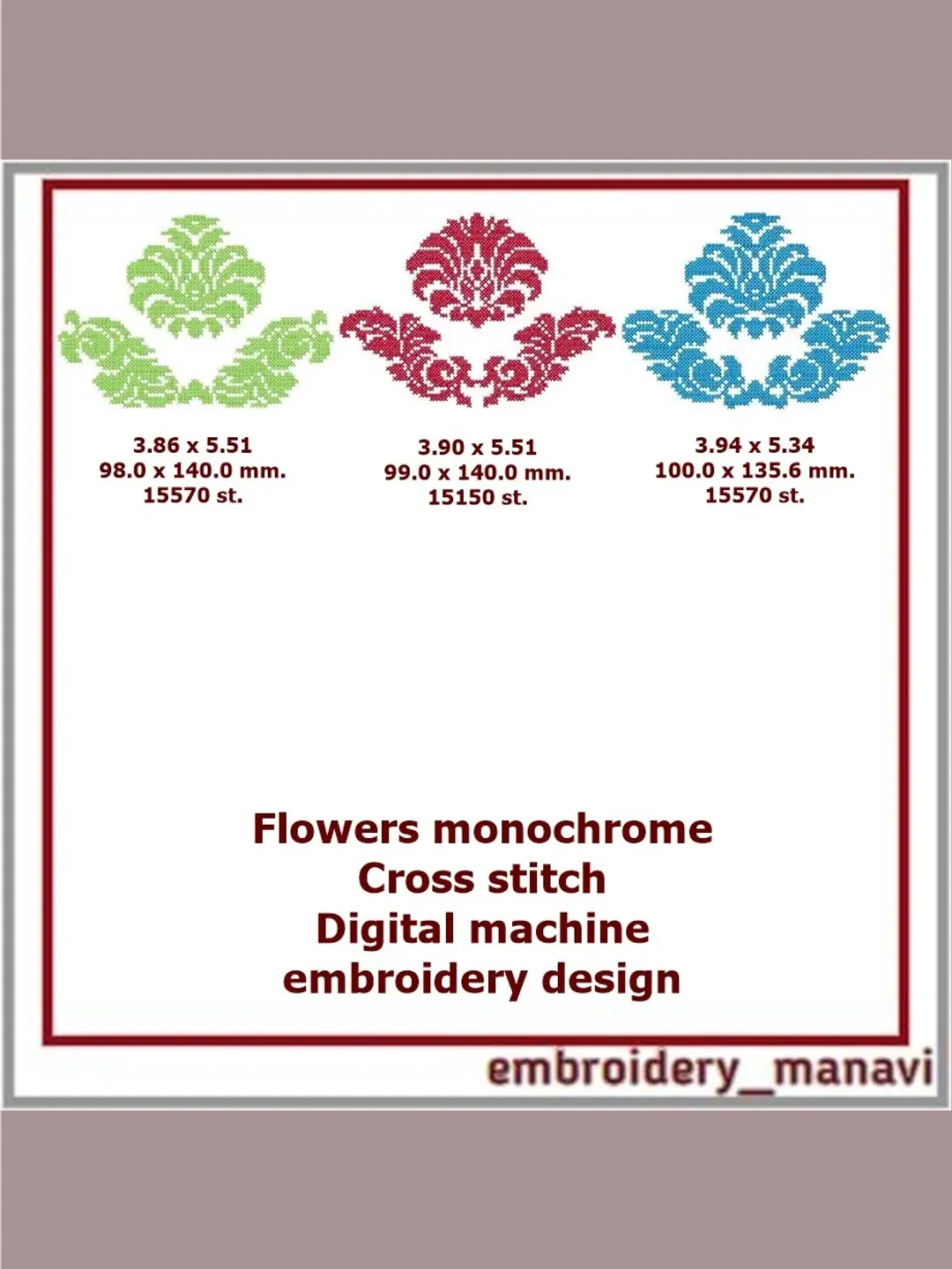 Cross stitch Embroidery design monochrome flowers