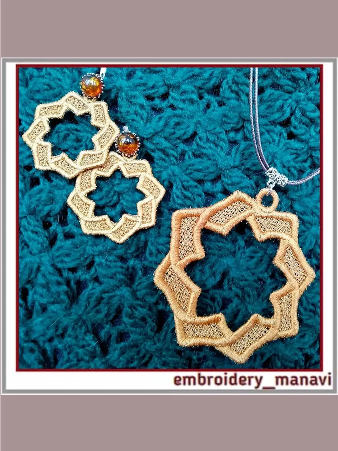 Boho FSL earrings pendant in the hoop embroidery design