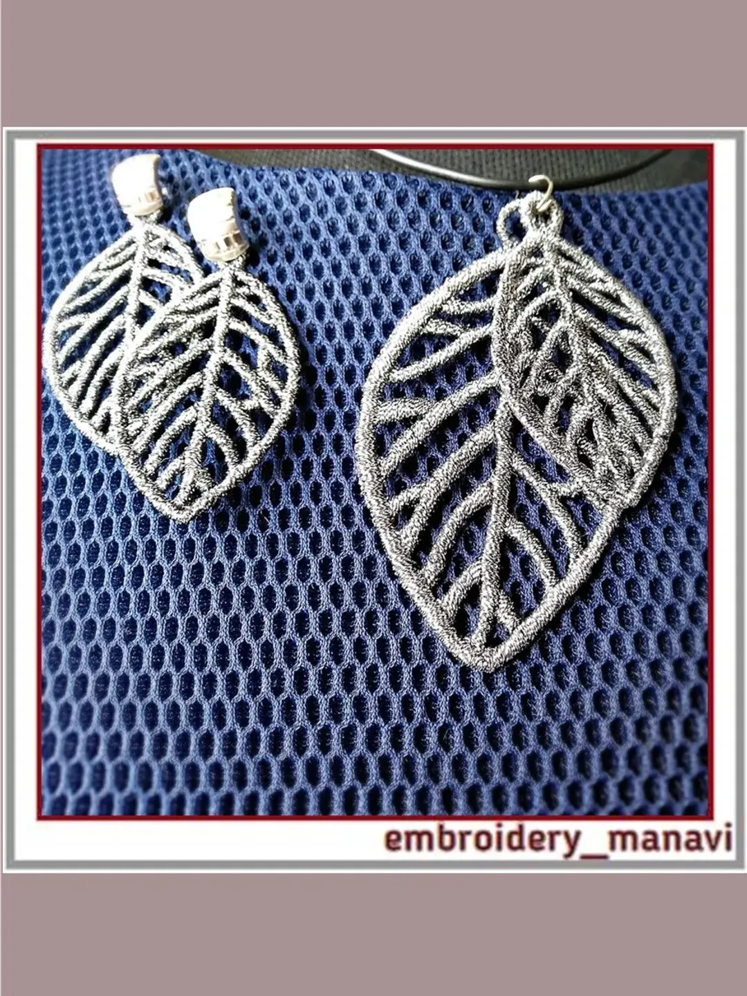 In the hoop FSL Embroidery design earrings pendant in a leaf 2